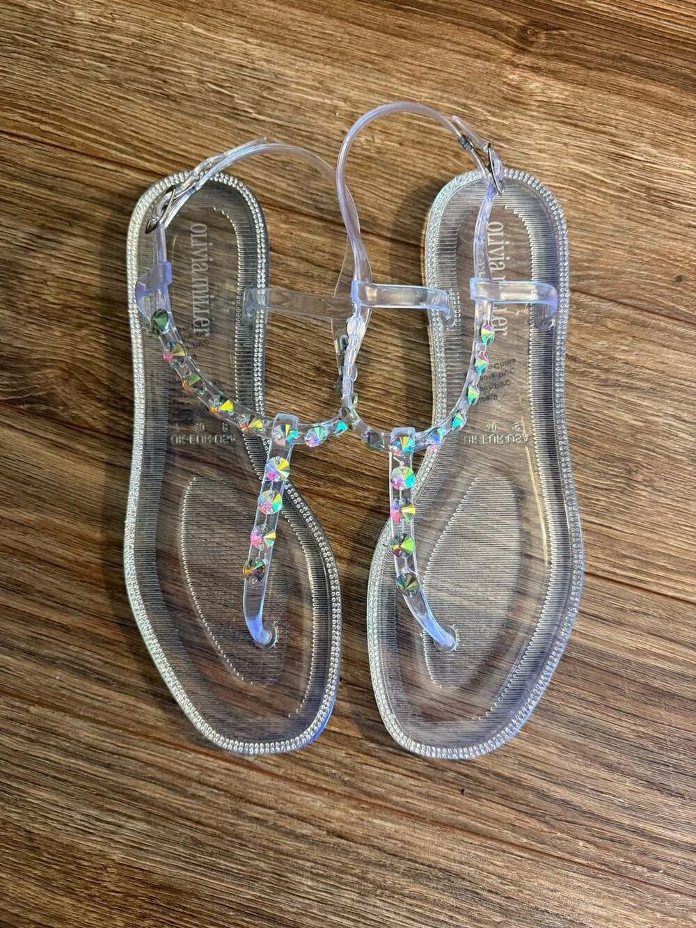 Olivia Miller Fanore T-Strap Jelly Sandals with Iridescent Rhinestones Size 9